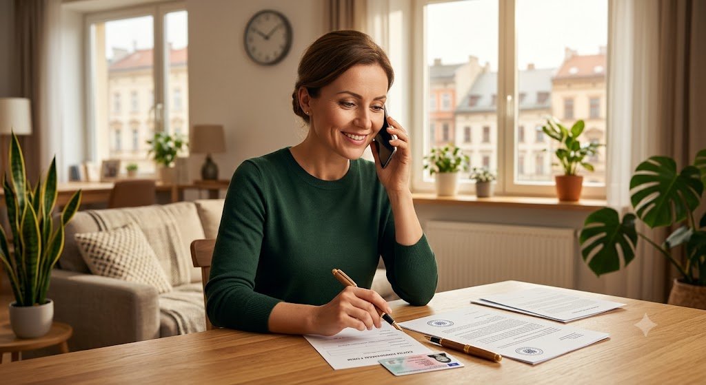 Klientka podpisująca umowę najmu podczas rozmowy telefonicznej